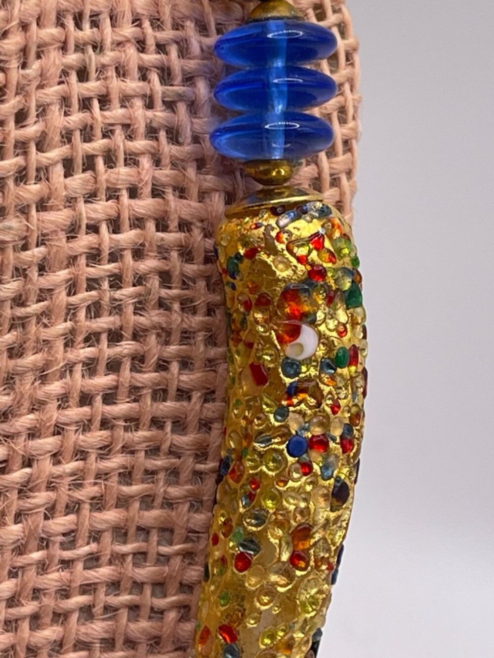 Vintage 1930s Art Glass Necklace Multi-Colored With Blue & Gold Beads Fused Art